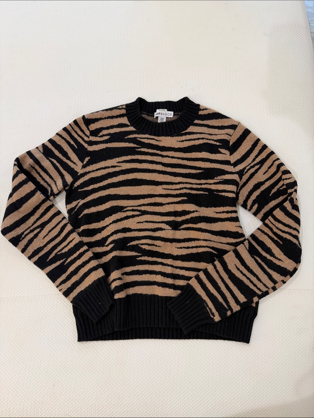 Zebra-Print Crewneck Sweater in Black and Beige